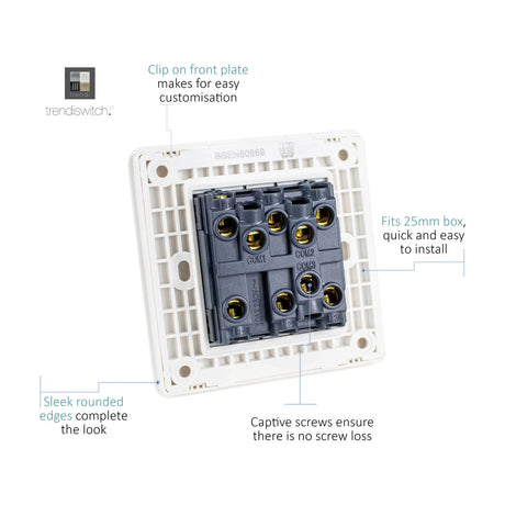Rear view of 3 Gang 2 Way Light Switch in Carbon Fibre, showing white mounting plate, captive screws and gold terminal block with COM connections on a plain background.