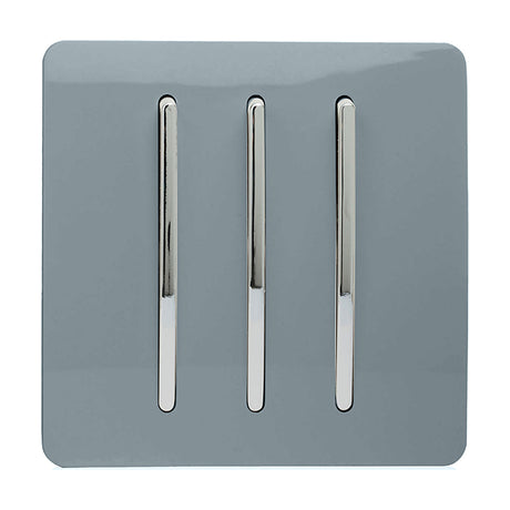 3 Gang 2 Way Light Switch in Cool Grey with three chrome rocker switches on a screwless square plate, shown on a plain white background.