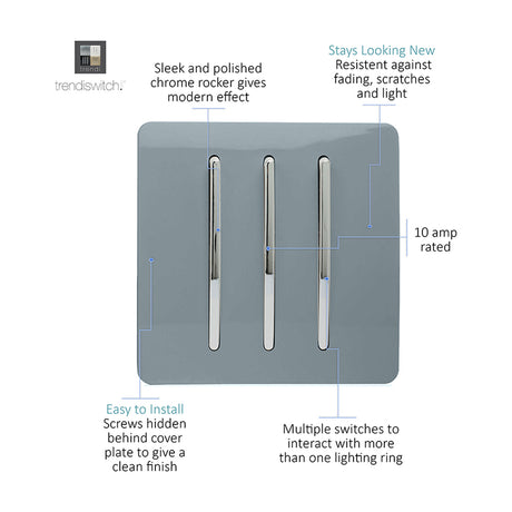 3 Gang 2 Way Light Switch in Cool Grey with polished chrome rockers, screwless square plate, 10 amp rated, annotated diagram on white background.