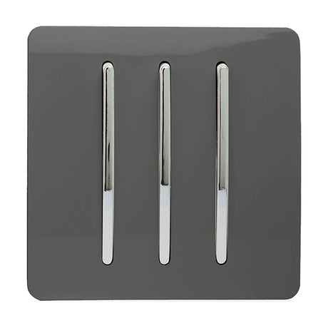3 Gang 2 Way Light Switch in charcoal, a square screwless plate with three vertical chrome-trimmed rockers, shown against a plain white background.