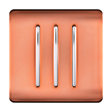 3 Gang 2 Way Light Switch in copper with three chrome rocker switches on a screwless square plate, shown on a plain white background.