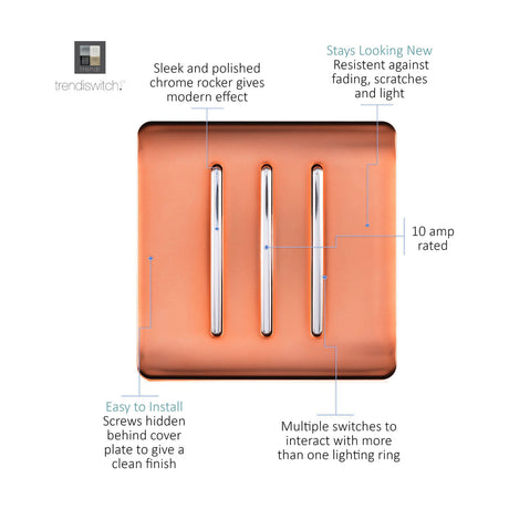 3 Gang 2 Way Light Switch in copper with three chrome rockers on a screwless square plate, 10 amp rated, shown on a white background.
