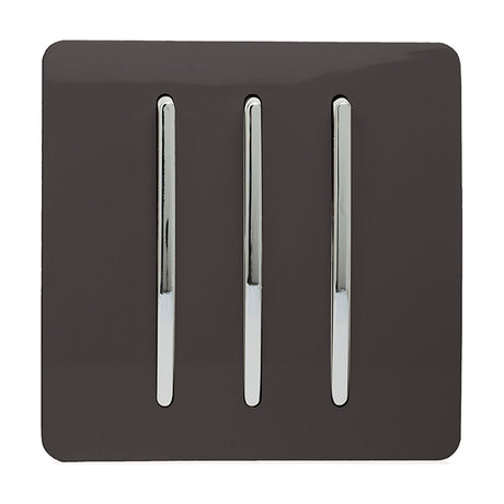 3 Gang 2 Way Light Switch in dark brown with screwless square plate and three vertical chrome rocker switches, shown on a plain white background.