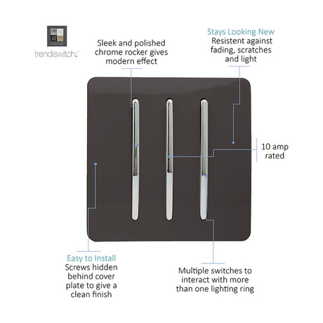 3 Gang 2 Way Light Switch in Dark Brown with screwless plate and three chrome rockers, 10 amp rated, shown with feature callouts on a white background.