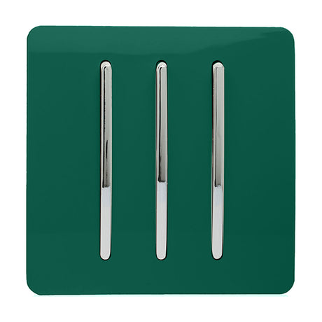 3 Gang 2 Way Light Switch in dark green with a screwless square plate and three chrome rocker switches, shown on a plain white background.