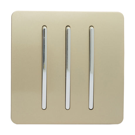 3 Gang 2 Way Light Switch in champagne gold with a screwless flat plate and three vertical chrome rocker switches, shown on a plain white background.