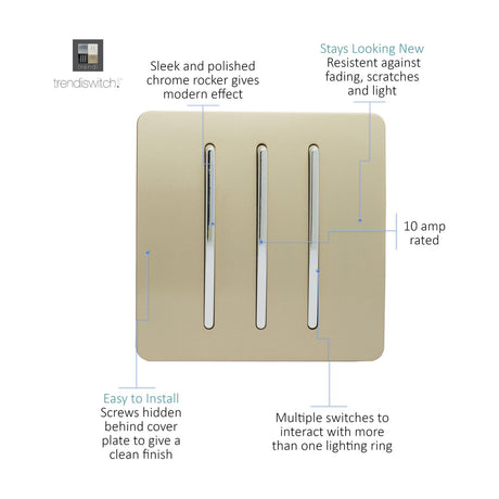 3 Gang 2 Way Light Switch in Champagne Gold with three chrome rockers on a screwless flat plate, 10 amp rated, shown with feature callouts on a white background.