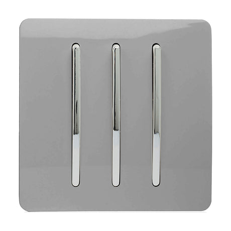 3 Gang 2 Way Light Switch in light grey with screwless front plate and three chrome rocker switches, shown on a plain white background.
