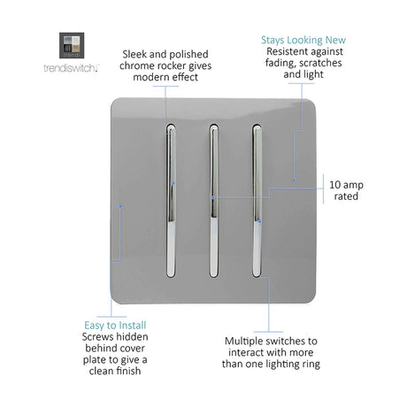 3 Gang 2 Way Light Switch in light grey with screwless plate and three chrome rockers, 10 amp rated, shown with feature callouts on a white background.