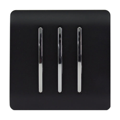 3 Gang 2 Way Light Switch in matt black with a screwless flat plate and three vertical chrome rocker switches, shown on a plain white background.