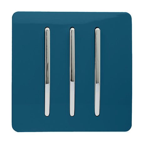 3 Gang 2 Way Light Switch in midnight blue with a flat screwless plate and three chrome rocker switches, shown on a plain white background.