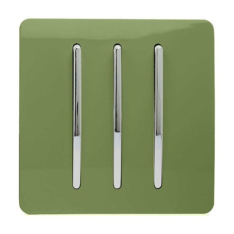 3 Gang 2 Way Light Switch in moss green with a screwless flat plate and three vertical chrome rocker switches, shown on a plain white background.