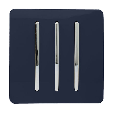 3 Gang 2 Way Light Switch in navy blue with three chrome rocker switches on a screwless flat plate, shown on a plain white background.