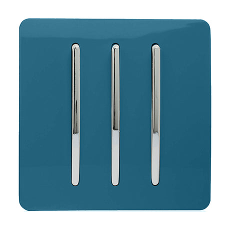 3 Gang 2 Way Light Switch in Ocean Blue with three chrome rocker switches on a screwless square plate, shown on a white background.