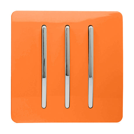 3 Gang 2 Way Light Switch in orange with a screwless square plate and three vertical chrome rocker switches, shown on a plain white background.