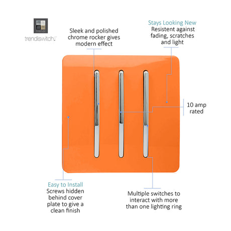 3 Gang 2 Way Light Switch in orange with three chrome rockers on a screwless square plate, 10 amp rated, shown with feature callouts on a white background.