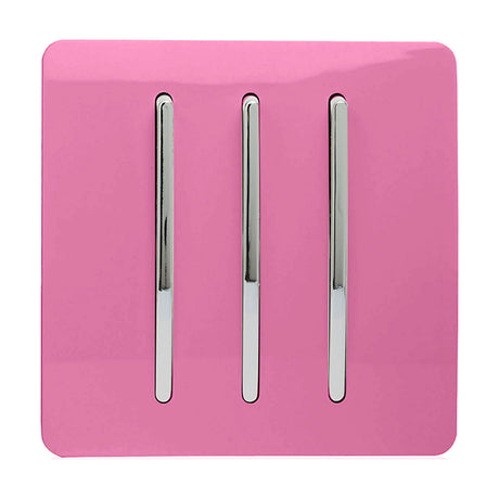 3 Gang 2 Way Light Switch in pink with screwless square plate and three polished chrome rocker switches in a row, shown on a plain white background.