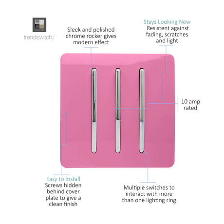 3 Gang 2 Way Light Switch in pink with screwless square plate and three polished chrome rockers, 10 amp rated, shown with labelled features on a white background.