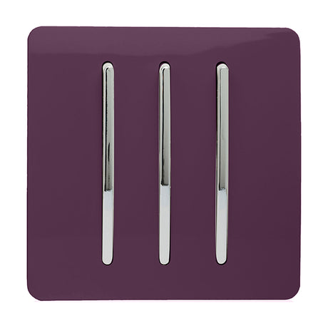 3 Gang 2 Way Light Switch in Plum with a screwless square plate and three vertical chrome rockers, shown on a plain white background.