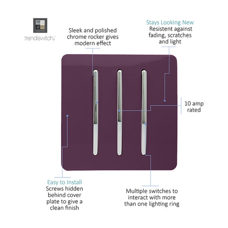 3 Gang 2 Way Light Switch in plum, screwless square plate with three chrome rockers, 10 amp rated, shown on a white background with feature callouts.