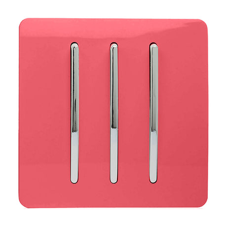 3 Gang 2 Way Light Switch in Strawberry, screwless flat plate with three vertical chrome rockers, shown on a plain white background.