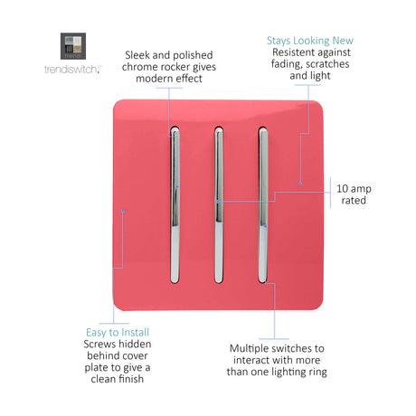 3 Gang 2 Way Light Switch in Strawberry with screwless flat plate and three chrome rockers, 10 amp rated, shown on a white background.
