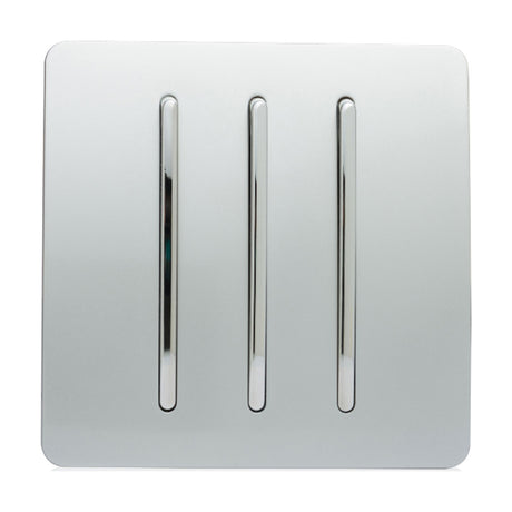 3 Gang 2 Way Light Switch in platinum silver with three chrome rocker switches on a screwless square plate, shown on a plain white background.
