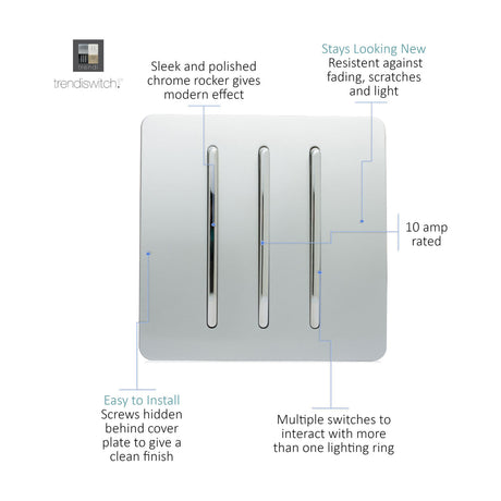 3 Gang 2 Way Light Switch in platinum silver with chrome rocker inserts on a screwless square plate, shown with annotated features on a white background.