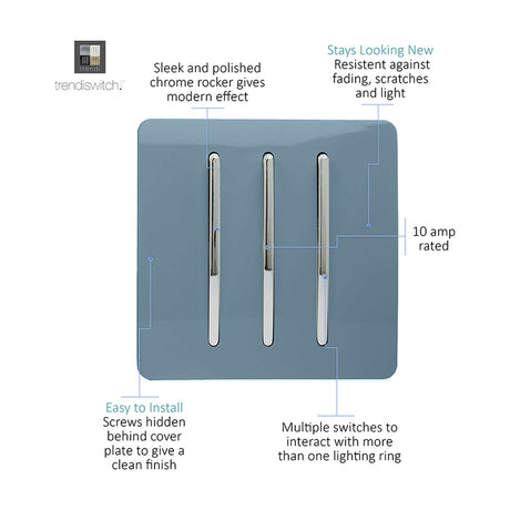 3 Gang 2 Way Light Switch - Sky Blue