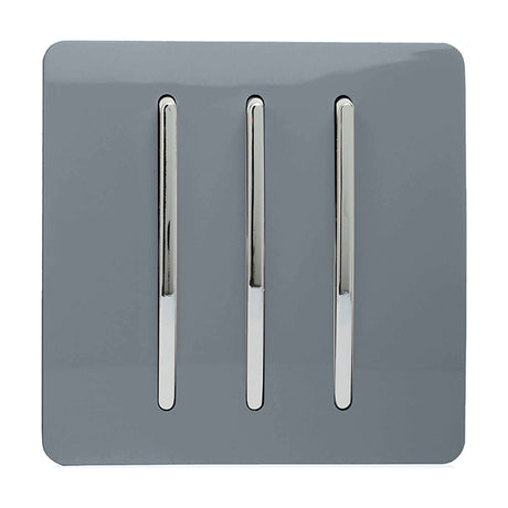 3 Gang 2 Way Light Switch in warm grey with a screwless flat plate and three chrome rocker switches, shown on a plain white background.