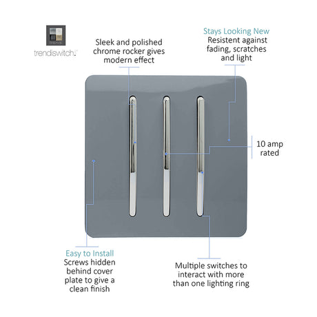 3 Gang 2 Way Light Switch in warm grey with chrome rocker inserts, screwless flat plate, 10 amp rated, shown with labelled feature callouts on white background.