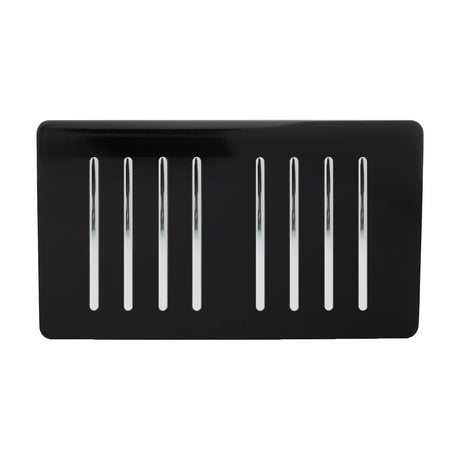 8 Gang Twin 2 Way Light Switch in piano black, a screwless rectangular plate with eight vertical chrome rocker switches, shown on a plain white background.