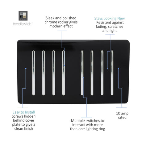 8 Gang Twin 2 Way Light Switch in piano black with chrome rockers and screwless plate, shown on a plain white background with feature callouts.