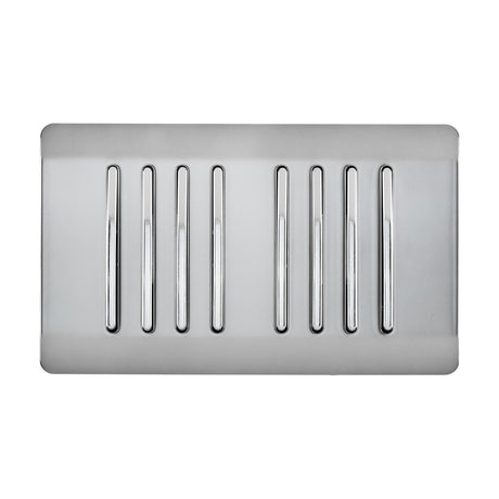 8 Gang Twin 2 Way Light Switch in brushed steel with a screwless rectangular faceplate and eight chrome rocker switches, shown on a plain white background.