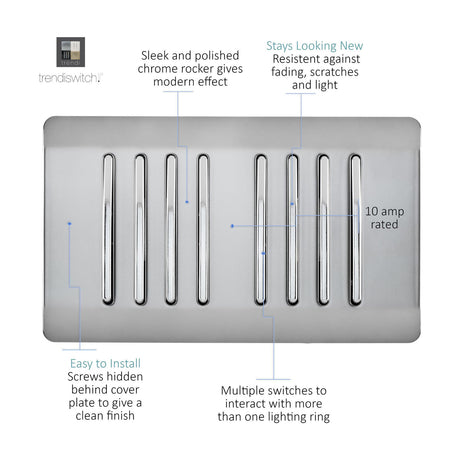 8 Gang Twin 2 Way Light Switch in brushed steel with chrome rockers on a screwless faceplate, rated 10 amp, shown on a plain white background.