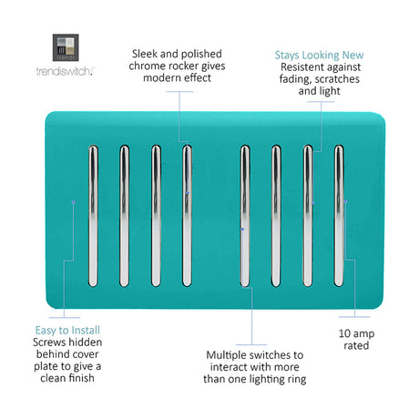 8 Gang Twin 2 Way Light Switch in bright teal with chrome rockers on a screwless plate, shown on a white background with feature callouts.