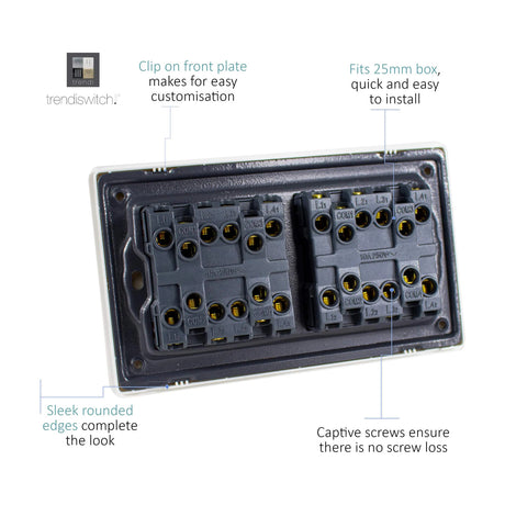 Rear view of an 8 Gang Twin 2 Way Light Switch in carbon fibre, showing the dark grey terminal block with captive screws and wiring ports for a 25mm box.