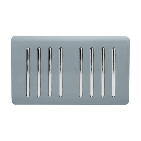8 Gang Twin 2 Way Light Switch in cool grey with a screwless plate and eight chrome rocker switches, shown on a plain white background.