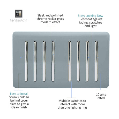 8 Gang Twin 2 Way Light Switch in cool grey with screwless plate and eight chrome rockers, shown on a plain white background with feature callouts.