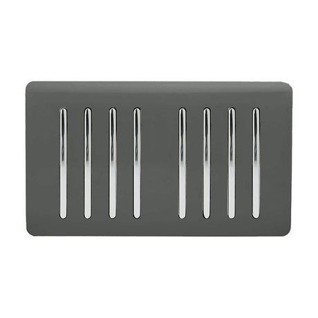 8 Gang Twin 2 Way Light Switch in charcoal with chrome rockers, screwless plate, eight vertical switches arranged in two rows on a plain white background.