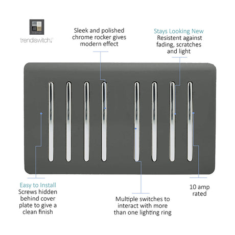 8 Gang Twin 2 Way Light Switch in charcoal with eight chrome rockers on a screwless plate, shown on a plain white background.