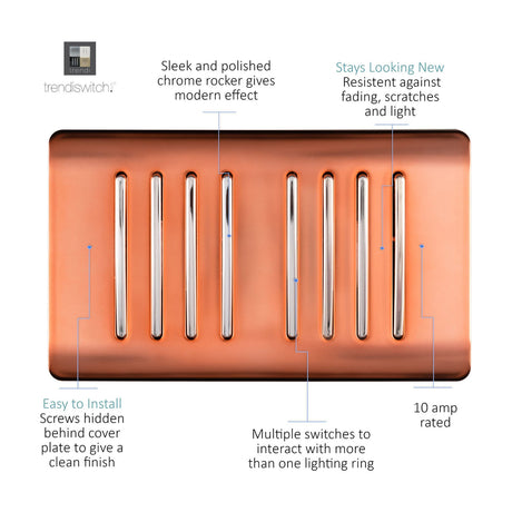 8 Gang Twin 2 Way Light Switch in copper with chrome rockers on a screwless plate, 10 amp rated, shown on a white background with labelled features.