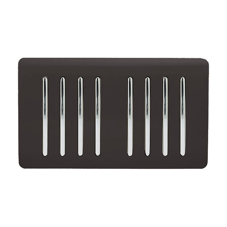 8 Gang Twin 2 Way Light Switch in dark brown with screwless plate and eight chrome rocker switches, shown on a plain white background.