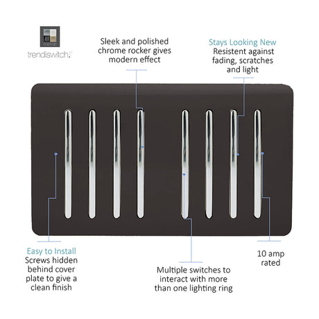 8 Gang Twin 2 Way Light Switch in dark brown with a screwless plate and eight vertical chrome rockers, shown on a plain white background.