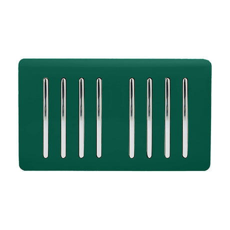 8 Gang Twin 2 Way Light Switch in dark green, screwless plate with eight chrome rocker switches arranged in two rows, shown on a plain white background.