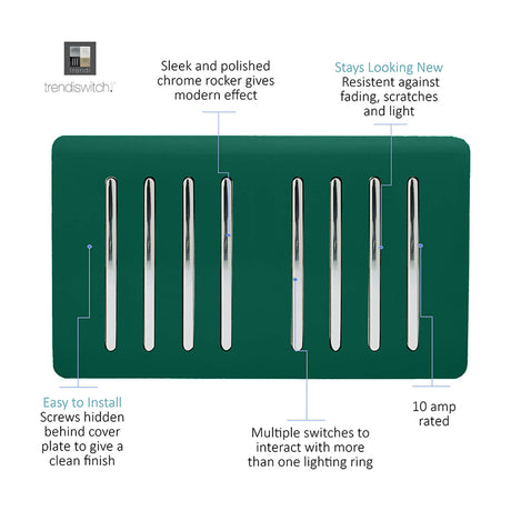 8 Gang Twin 2 Way Light Switch in dark green with a screwless plate and eight chrome rocker switches, shown on a white background.