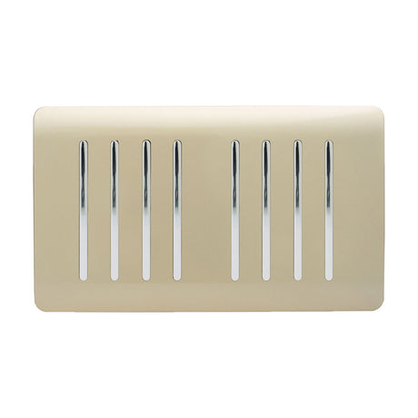 8 Gang Twin 2 Way Light Switch in champagne gold with a screwless plate and eight chrome rocker switches, shown on a plain white background.
