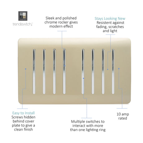 8 Gang Twin 2 Way Light Switch in champagne gold with eight chrome rockers on a screwless plate, shown on a plain white background.