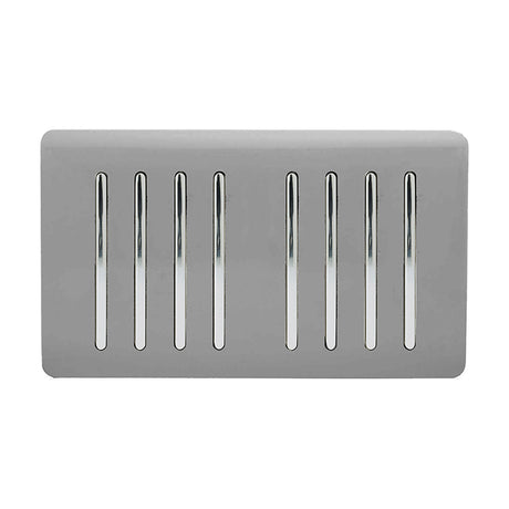 8 Gang Twin 2 Way Light Switch in light grey with a screwless plate and eight chrome rocker switches, shown on a plain white background.