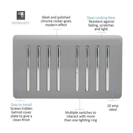 8 Gang Twin 2 Way Light Switch in light grey with chrome rocker trim and screwless flat plate, shown on a white background with feature callouts.